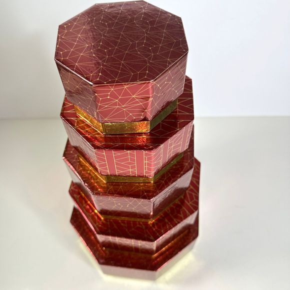 Nested Boxes Set of 5 Red and Gold Stackable with Lids - Picture 2 of 9
